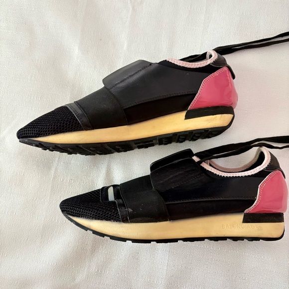 Balenciaga Shoes - BALENCIAGA Race Runner Leather Mesh Black Pink Low Top Sneakers 39 / 8